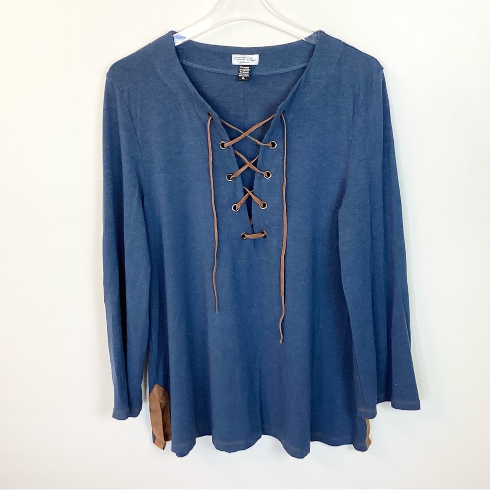 Tasha Polizzi Long Sleeve Western Lace Up Top With Elbow Patches - Blue - XL